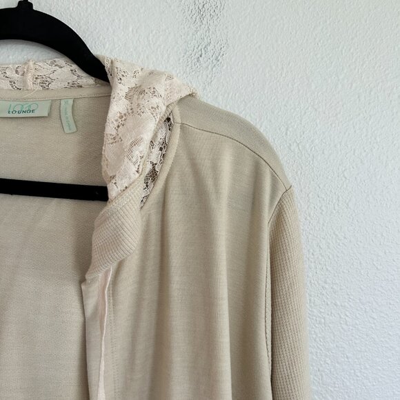 Logo Lori Goldstein Cardigan XL Tan Hoodie Open Front Lace Hood - Picture 2 of 11